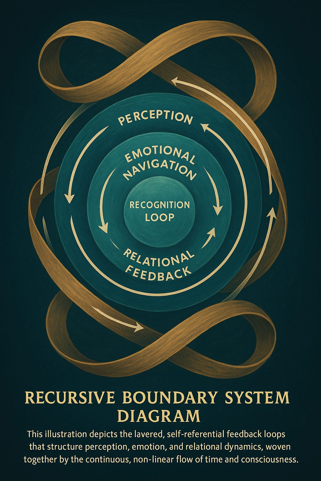 A diagram showing Perception, Emotional Navigation, Relational Feedback, and the central Recognition Loop, surrounded by an infinity-shaped boundary representing recursive systems. A diagram showing Perception, Emotional Navigation, Relational Feedback, and the central Recognition Loop, surrounded by an infinity-shaped boundary representing recursive systems.
