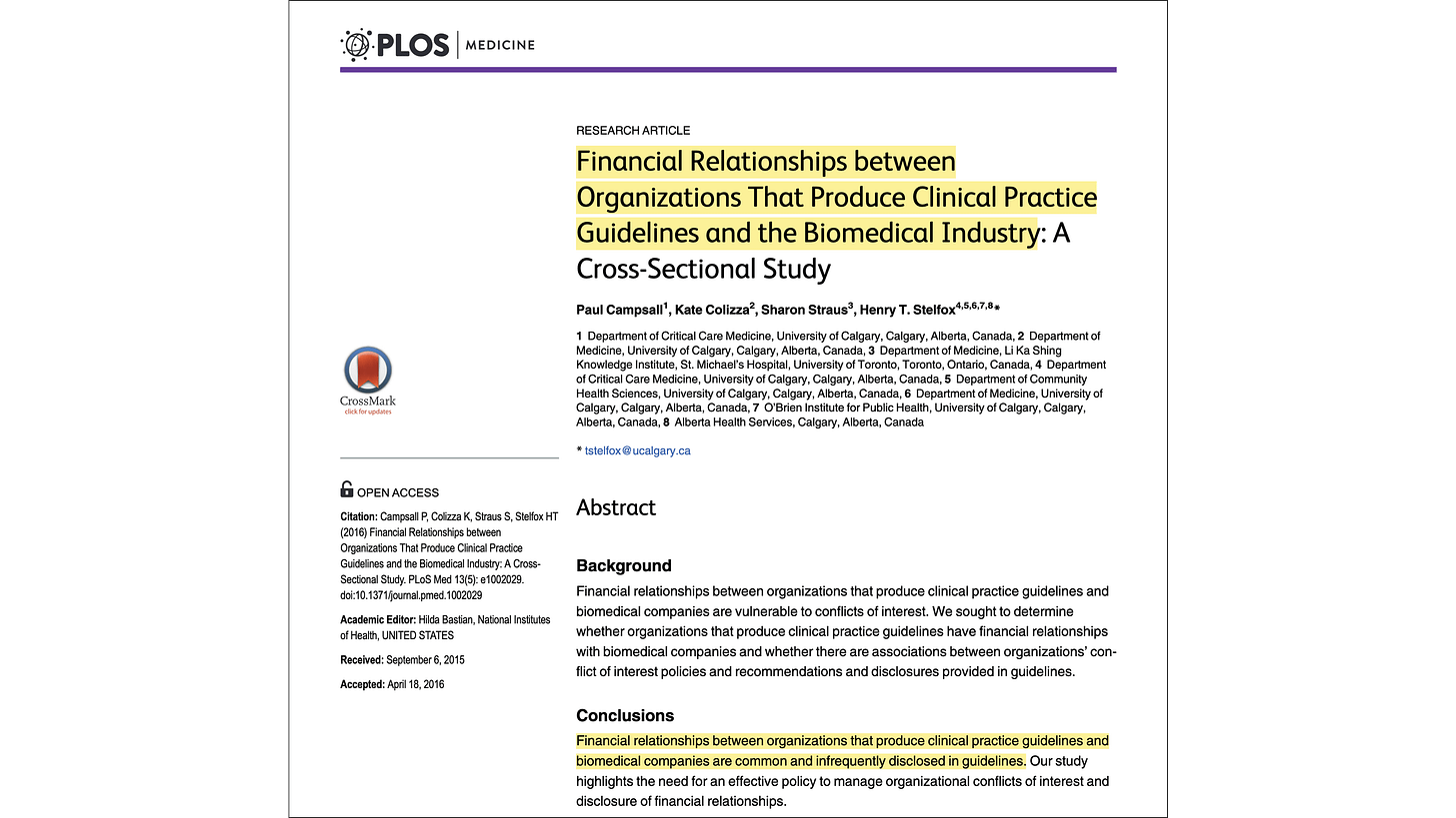Financial Relationships between Organizations That Produce Clinical Practice Guidelines and the Biomedical Industry: A Cross-Sectional Study (Campsall et al., 2016)