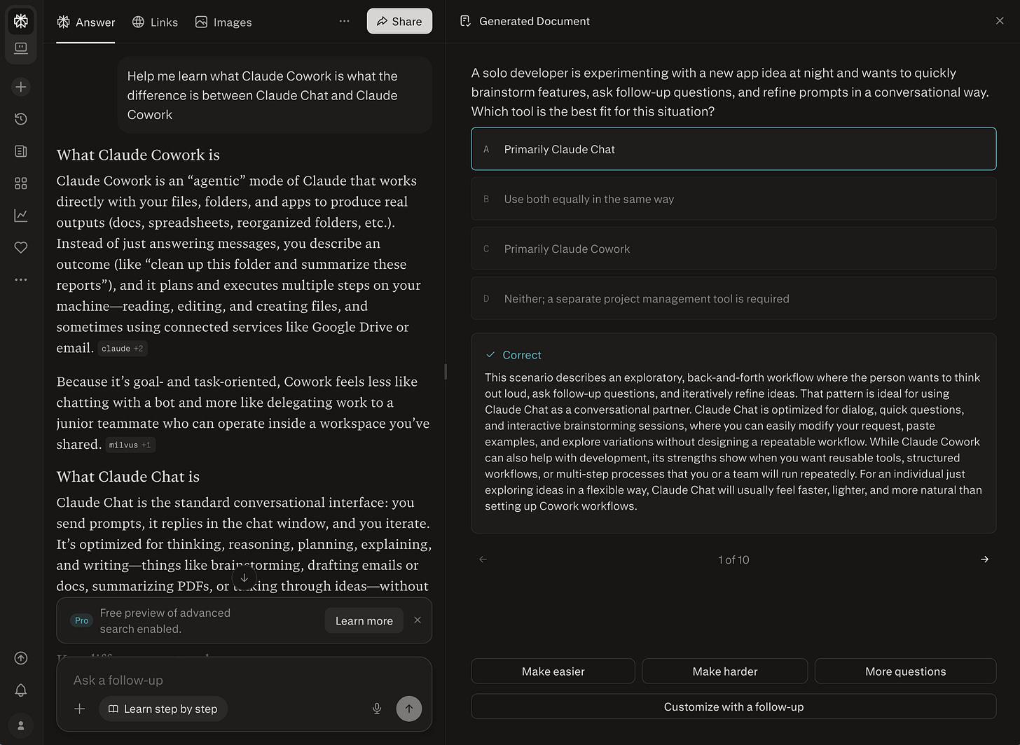 Example conversation showing quiz interaction—Perplexity asking structured questions and providing guided explanations about Claude Cowork