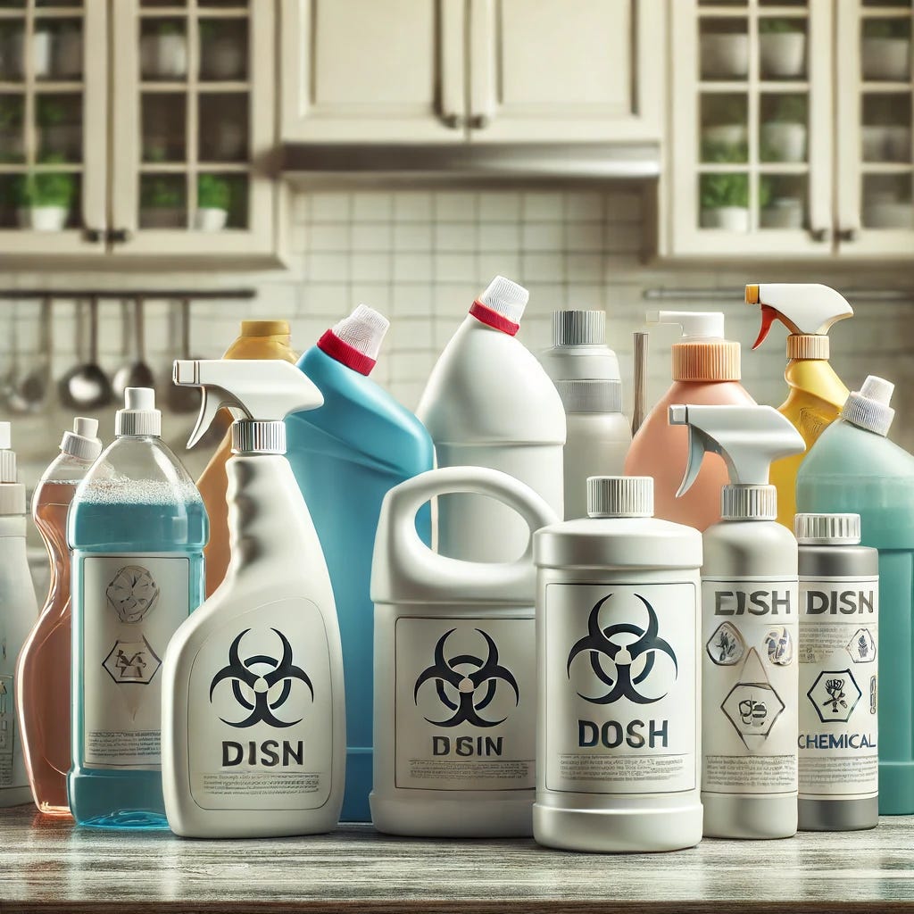 An image showing household cleaning products on a kitchen counter with a subtle indication of health risks. Include various bottles and containers of cleaning agents, some with subtle hints of chemical symbols. The background should depict a typical kitchen environment. Use muted, realistic colors to convey the seriousness of potential exposure to harmful chemicals in these products.