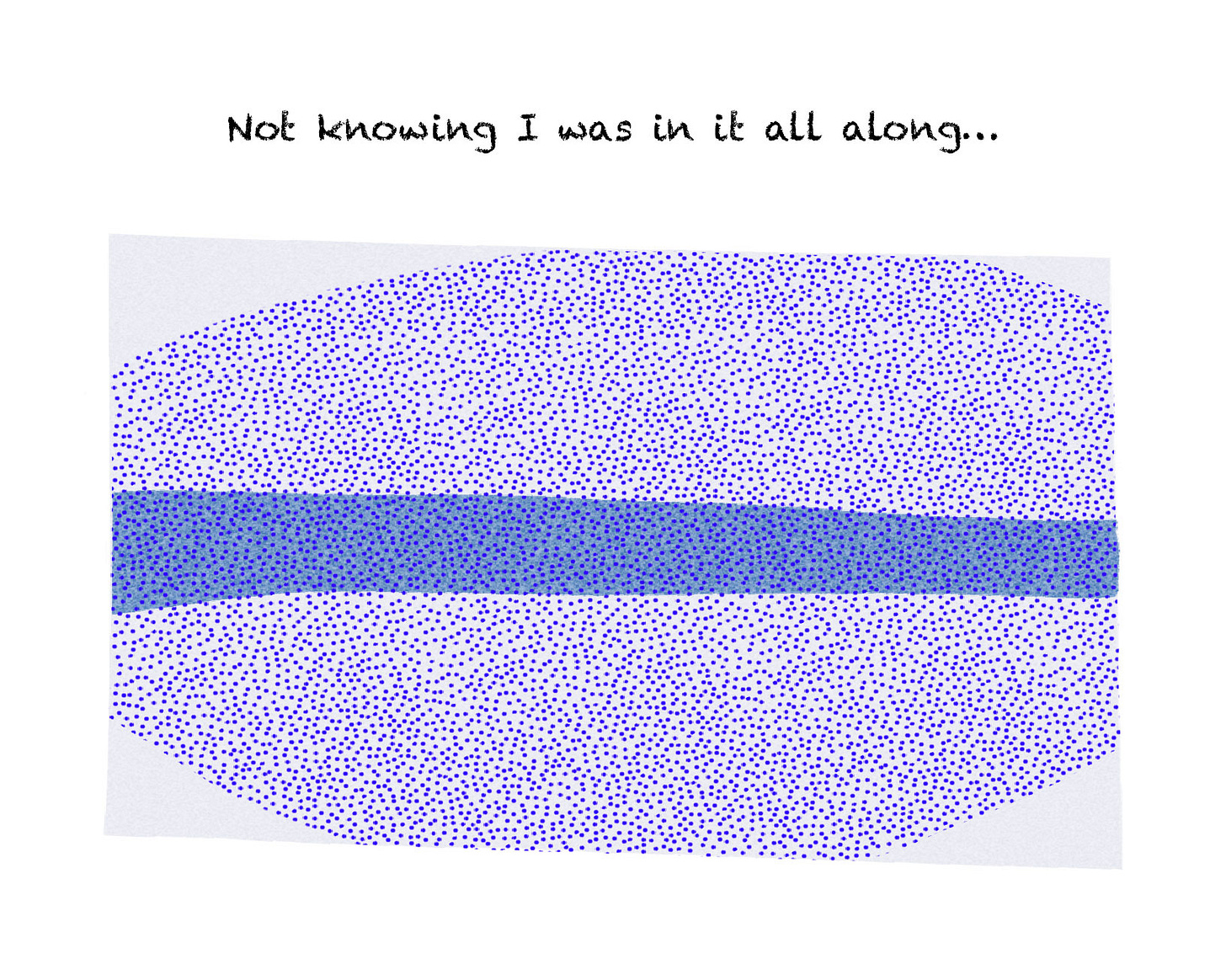 The final wide frame shows a horizontal blue path completely enveloped by a large, translucent oval of purple stippled dots. The dots now cover the path, showing the subject is inside the mist. The final wide frame shows a horizontal blue path completely enveloped by a large, translucent oval of purple stippled dots. The dots now cover the path, showing the subject is inside the mist.