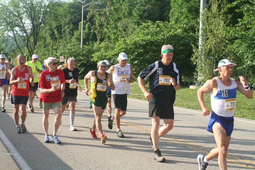 Brett Hestdalen (702) competes in the 5,000-meter race walk at the National Senior Games on Saturday, July 8, 2023, in Pittsburgh, Penn. Brett Hestdalen (702) competes in the 5,000-meter race walk at the National Senior Games on Saturday, July 8, 2023, in Pittsburgh, Penn.