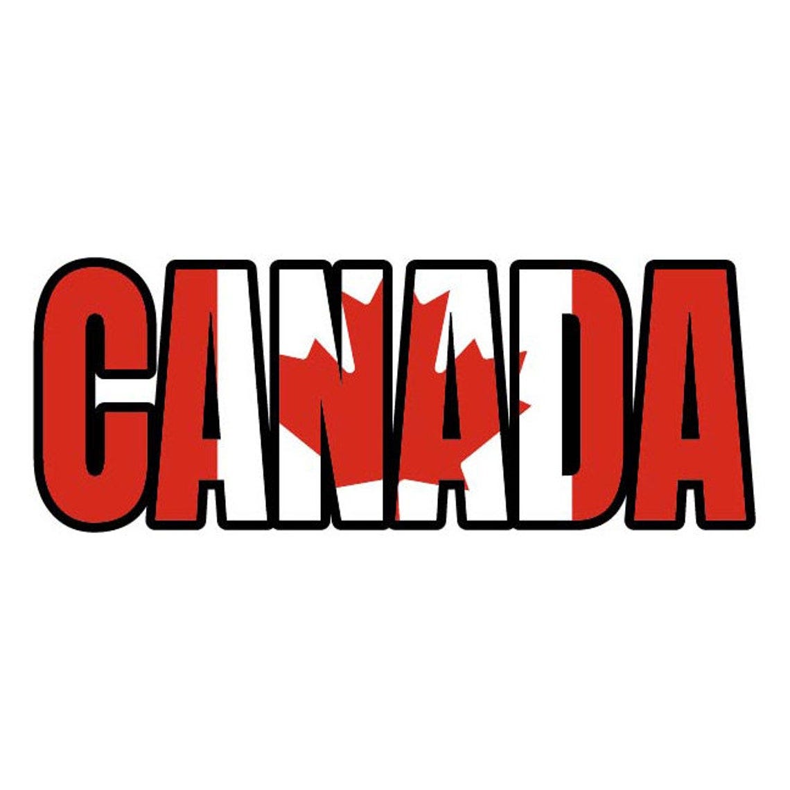 May include: The word "CANADA" in bold, black letters with the Canadian flag in the middle of the word.