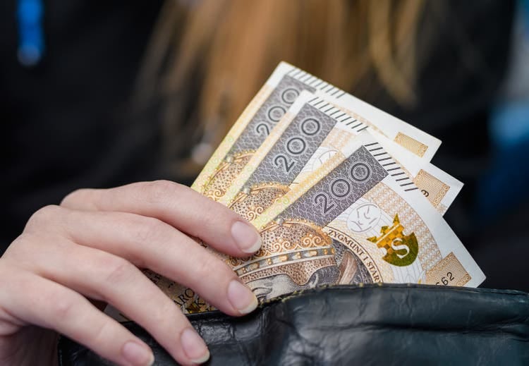 Woman hides money in her wallet, Polish cash