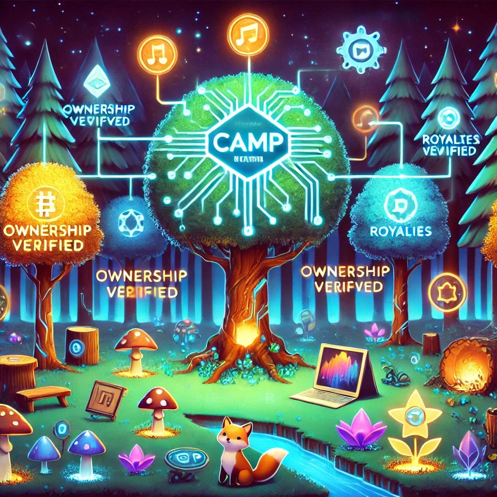 A futuristic cartoon-style forest representing the Camp Network. The trees feature glowing circuits and holographic leaves, symbolizing blockchain integration, while the forest floor has bioluminescent plants and tokens shaped like music notes, paintings, and books. In the center, a large glowing tree acts as the Camp hub, with light streams connecting to smaller trees and holograms displaying IP-related visuals like 'ownership verified' and 'royalties paid.' Playful animals like a fox with a guitar, a cat with a paintbrush, and an owl with a book roam the forest, symbolizing creative users of the network. The atmosphere is vibrant, magical, and tech-inspired.
