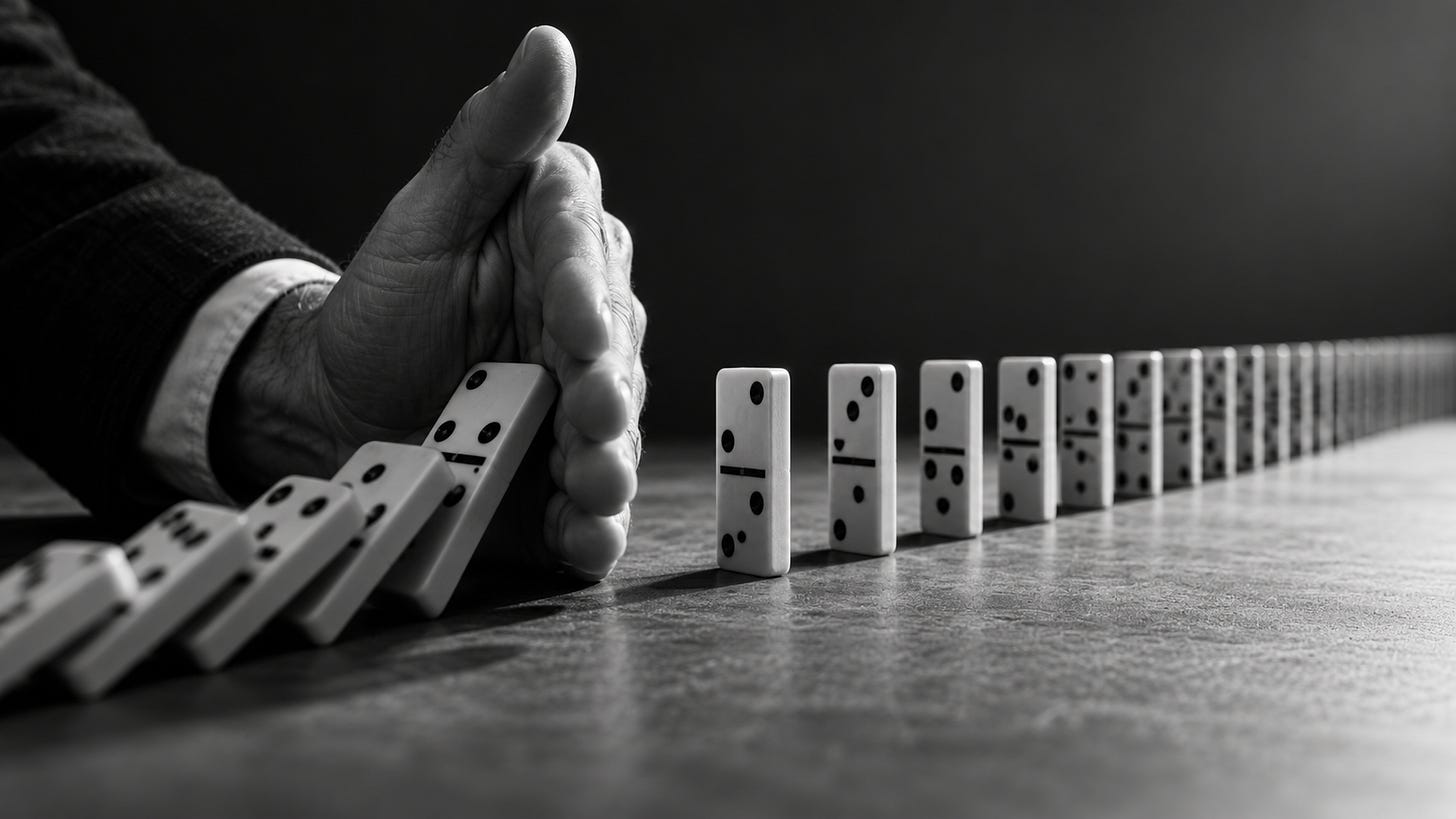 Stark black-and-white/gray image. A line of dominoes is already falling. A hand intervenes farther down the line, clearly stopping the next domino before the chain reaction reaches it. Serious, simple, almost photographic. No text in the image. Stark black-and-white/gray image. A line of dominoes is already falling. A hand intervenes farther down the line, clearly stopping the next domino before the chain reaction reaches it. Serious, simple, almost photographic. No text in the image.