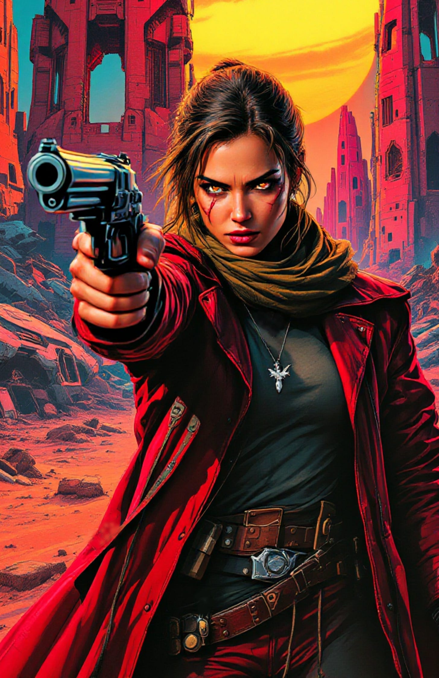 Neural Bounty cover artwork: Kassidy Reyez in weathered red coat and tactical gear points revolver directly at viewer. Frontier ruins tower behind her under burning orange sky. Cross pendant visible. Expression: zero patience for your survival.