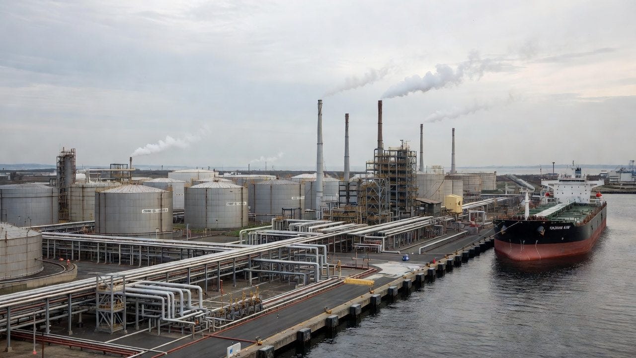 Oil refinery terminal with tanker ship docked at industrial port facility