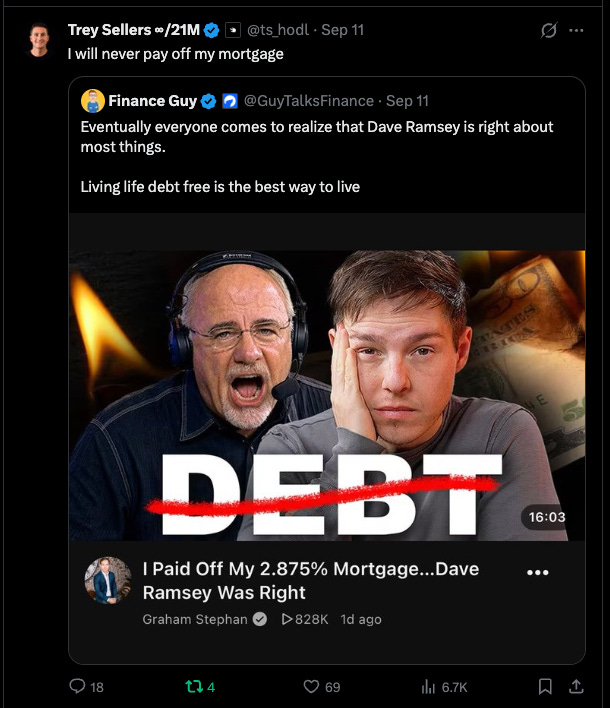 My quote-post of Finance Guy: I will never pay off my mortgage. My quote-post of Finance Guy: I will never pay off my mortgage.