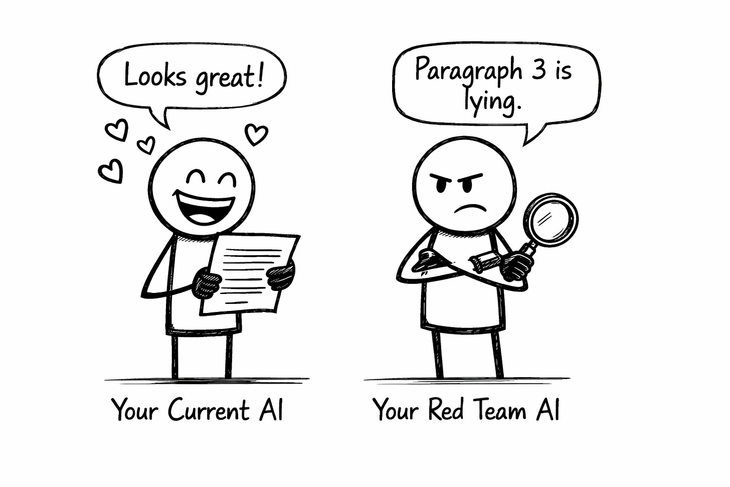 Black-and-white hand-drawn comparison of two AI feedback styles for content creators: a cheerful stick figure labeled 'Your Current AI' holding a document and saying 'Looks great!' with hearts, next to a stern stick figure labeled 'Your Red Team AI' holding a magnifying glass with arms crossed saying 'Paragraph 3 is lying. Black-and-white hand-drawn comparison of two AI feedback styles for content creators: a cheerful stick figure labeled 'Your Current AI' holding a document and saying 'Looks great!' with hearts, next to a stern stick figure labeled 'Your Red Team AI' holding a magnifying glass with arms crossed saying 'Paragraph 3 is lying.