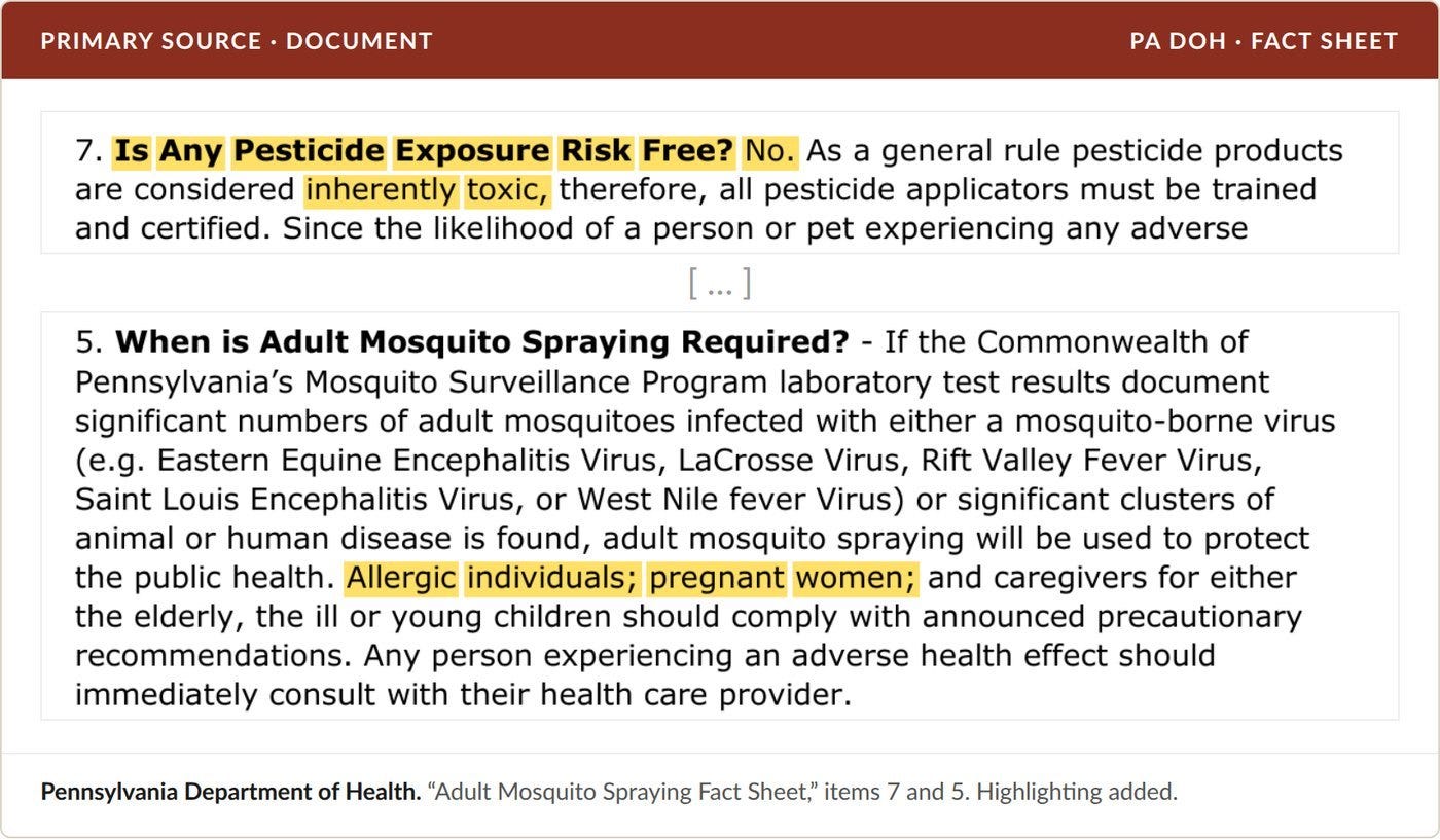 PA Department of Health, "Adult Mosquito Spraying Fact Sheet." Highlighting added.