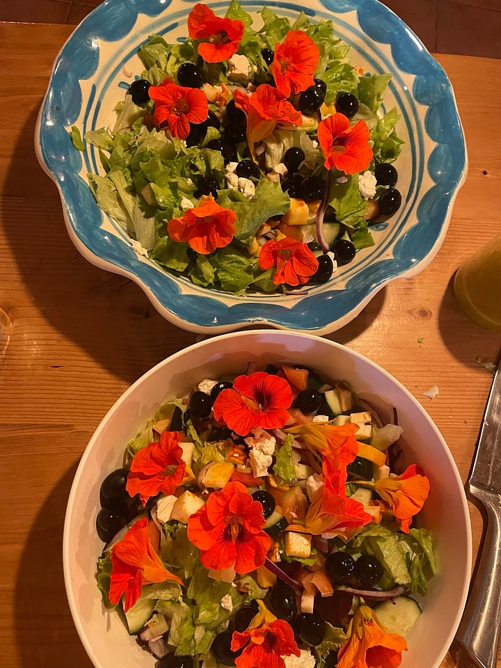 Links: de nieuwe slaapzaal. Rechts: salades met Oost-Indische kers.