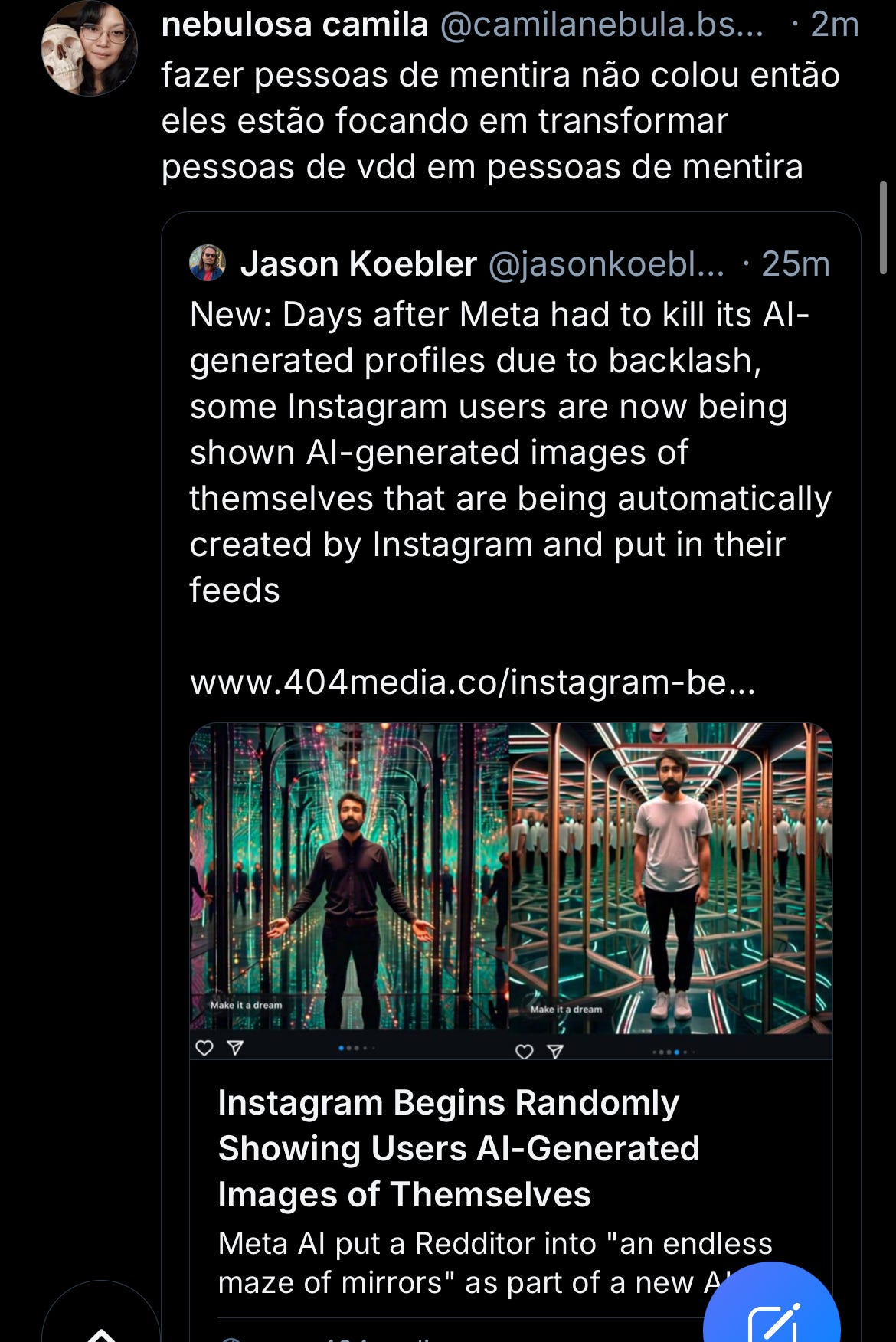 Print de um post no BlueSky com a notícia de que, depois das contas de IA terem dado errado, Insta começou a gerar imagens de IA em perfis de criadores para enfiar essa merda goela abaixo.