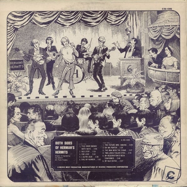 A back cover illustration of the Herman Hermits album showing the band performing on stage. In the audience are the Beatles and Fidel Castro.