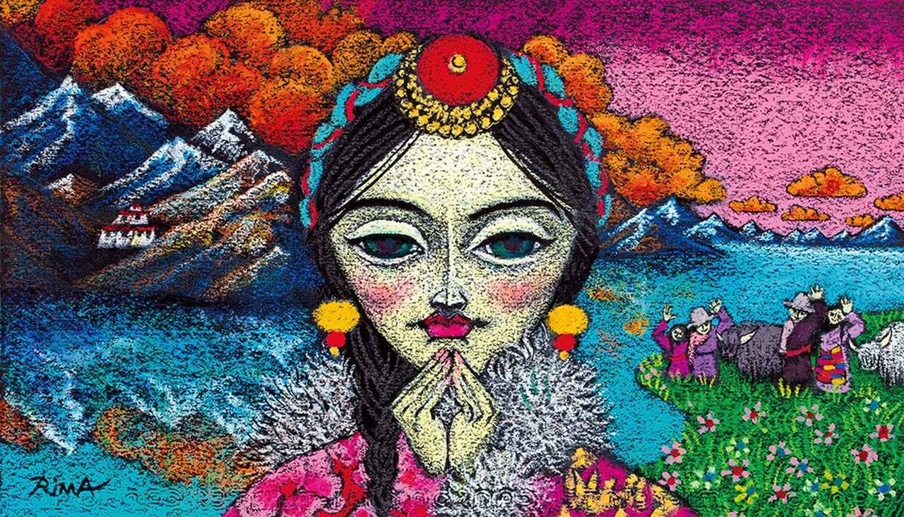 画像: 《心の故郷》ミクストメディア / 紙 “Home” 2018, Mixed media on paper © Rima Fujita 2018 ダラムサラのホテルのレストランで給仕してくれた女性の身の上話を聞いて心を打たれたあと、夢に出てきたビジョン。女性の芯の強さ、寂しさ、うれしさ、希望、遠く離れた家族へ寄せる愛情などが複雑に混じり合った黒い瞳が忘れられない A vision that appeared in my dream after being touched by the personal story of the woman who waited on my table in a hotel restaurant in Dharamsala. I cannot forget the black eyes that bespoke a complex mixture of the inner fortitude of female endurance, loneliness, happiness, hope and the love for her family living far away.
