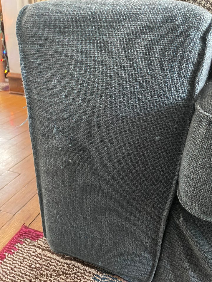 Two images of a blue couch. The first has been scratched up by a devious cat. The second has been repaired!