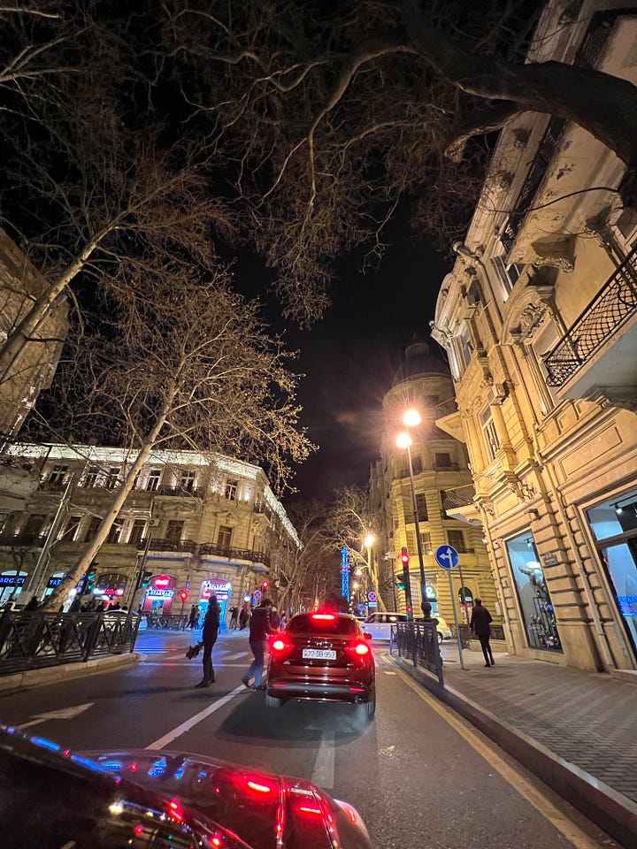 The drive into Baku's city center, and my hostel lobby. 