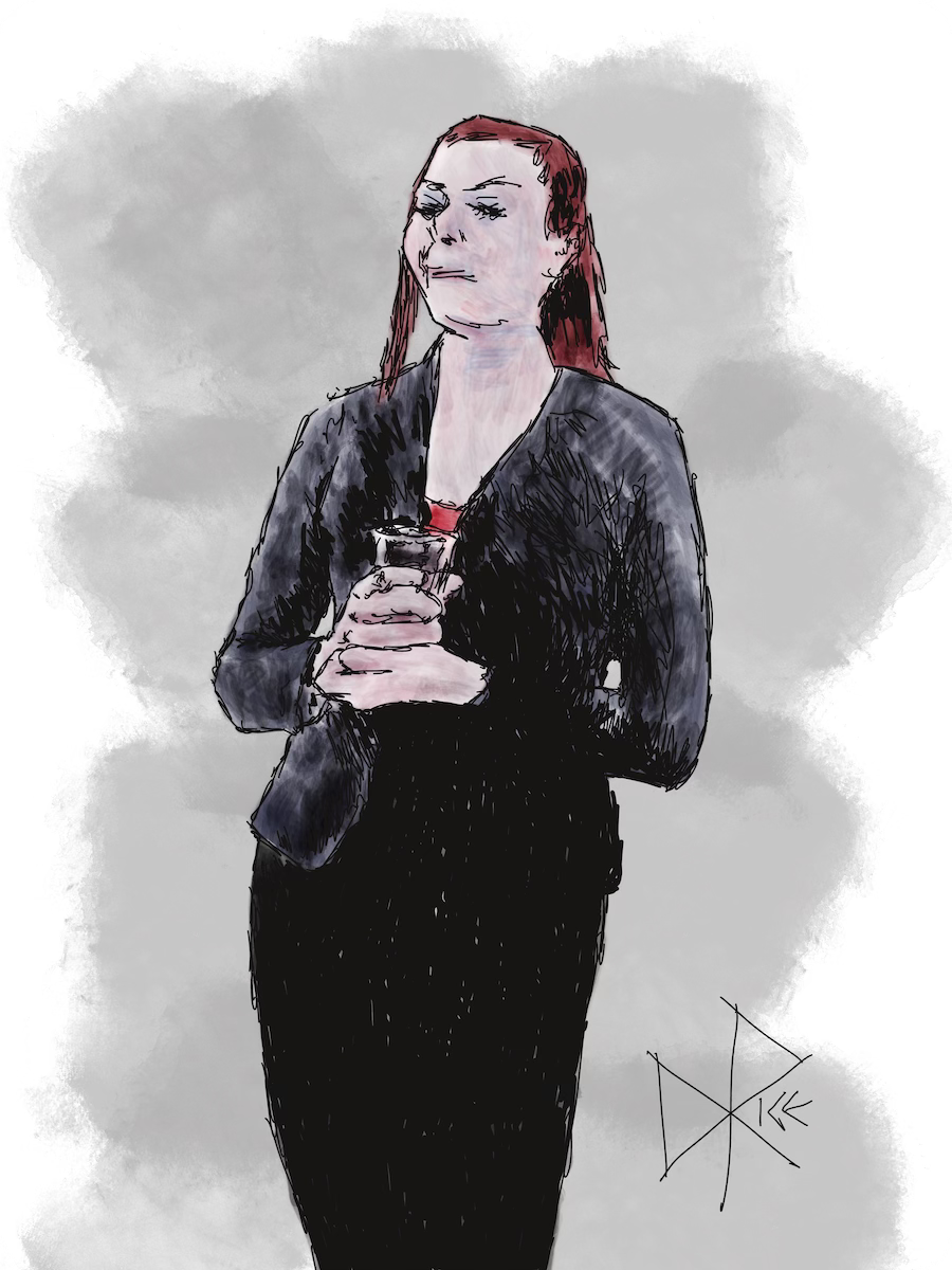 A woman in a dark suit stands alone with her eyes temporarily closed, cradling a clear plastic cup in her hands as she savours her drink. Sketch art by Don Rice.