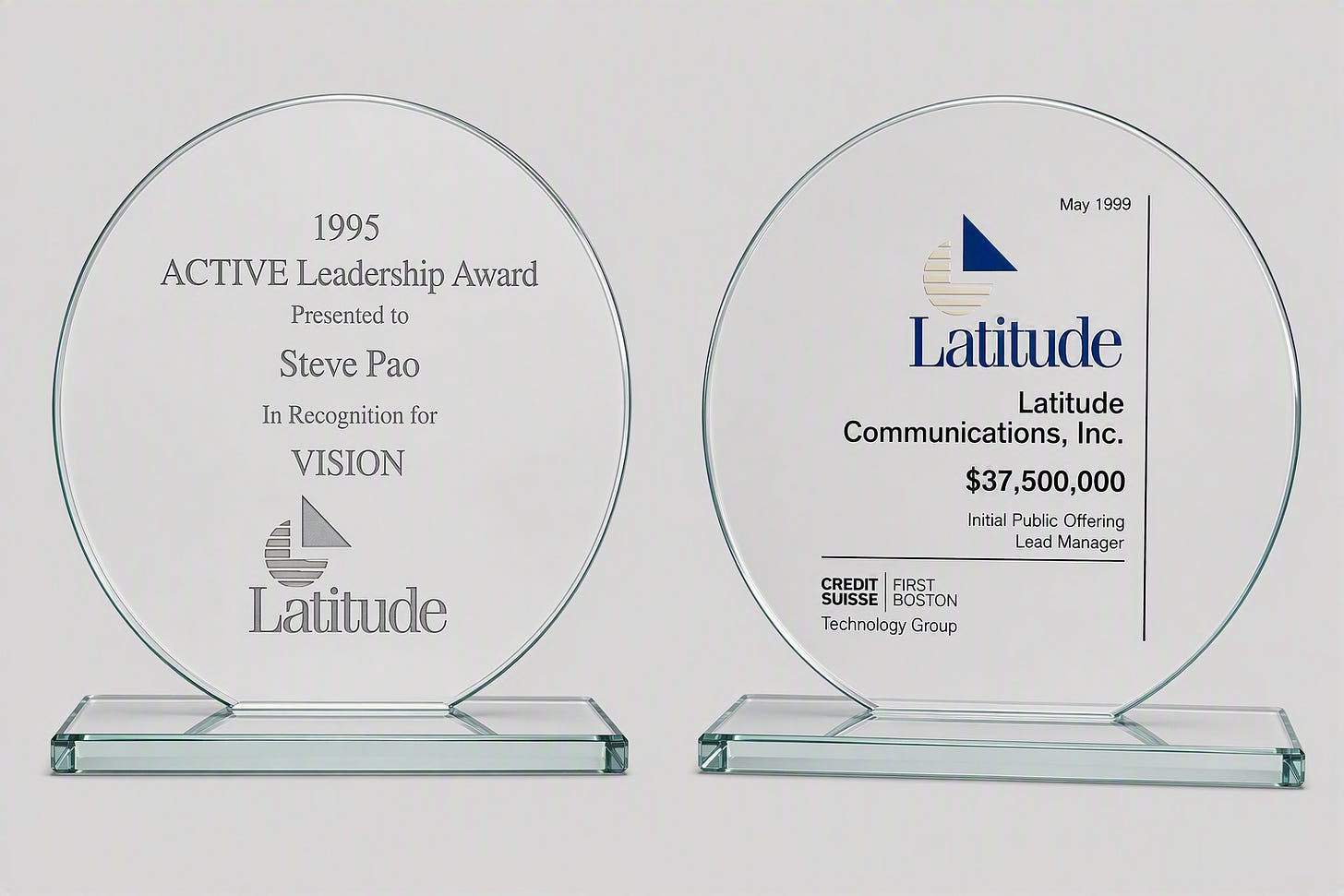 Personal leadership award displayed alongside a Latitude Communications IPO commemorative plaque, both preserved from the author's years at the company.