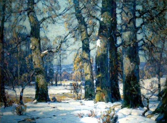 Oil painting of snow, trees and Catskill mountains Oil painting of snow, trees and Catskill mountains