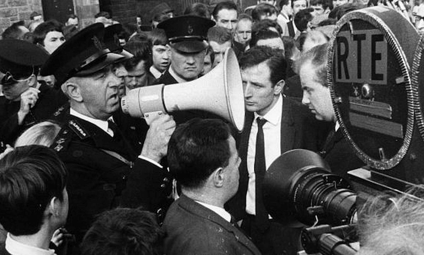 Melaugh – centre right, in tie – on the Derry civil-rights march on 5 October 1968. Credit: Irish Times Melaugh – centre right, in tie – on the Derry civil-rights march on 5 October 1968. Credit: Irish Times