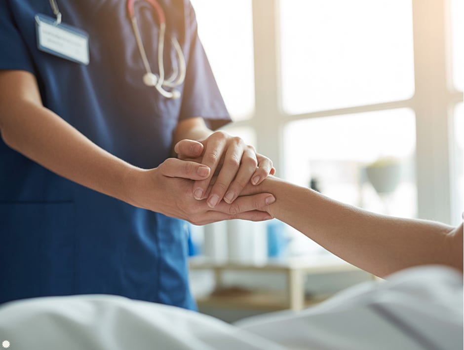 Doctor in blue with stethescope around her neck holding the hand of a patient in a hospital bed