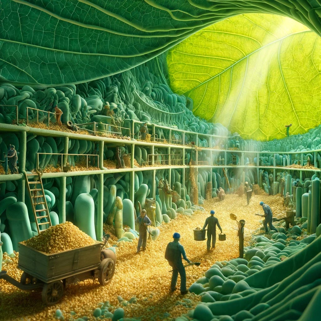 Imagine being inside a plant leaf, transformed into a bustling mine. The interior is vast and structured, filled with cells resembling the palisade and spongy mesophyll layers. Human workers, tiny in comparison, are busy at work with picks and wheelbarrows. They are diligently extracting nutrients, personified as precious metals, specifically nitrogen (N) and phosphorus (P), from the cellular structure. These workers transport the nutrients towards an exit tunnel, symbolically representing the leaf's petiole. The atmosphere is industrious, with the essence of both biology and fantasy intermingling. Light filters through the leaf's surface, illuminating the scene with a verdant glow, highlighting the essential, unseen work happening within every leaf before it undergoes senescence. Imagine being inside a plant leaf, transformed into a bustling mine. The interior is vast and structured, filled with cells resembling the palisade and spongy mesophyll layers. Human workers, tiny in comparison, are busy at work with picks and wheelbarrows. They are diligently extracting nutrients, personified as precious metals, specifically nitrogen (N) and phosphorus (P), from the cellular structure. These workers transport the nutrients towards an exit tunnel, symbolically representing the leaf's petiole. The atmosphere is industrious, with the essence of both biology and fantasy intermingling. Light filters through the leaf's surface, illuminating the scene with a verdant glow, highlighting the essential, unseen work happening within every leaf before it undergoes senescence.