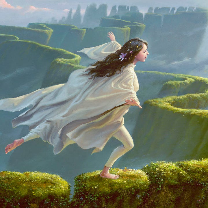 LEFT: Figure detail from RIMRUNNER featuring a young woman dancing atop a high narrow path. Her arms are out for balance, her front knee is bent, while her back leg is lifted trailing with white fabric draping behind her. The background is a maze of winding ridges. RIGHT: Close detail from RIMRUNNER featuring a raven haired young woman with arms spread and white shawl flowing with her motion. Her long hair is decorated with flowers.