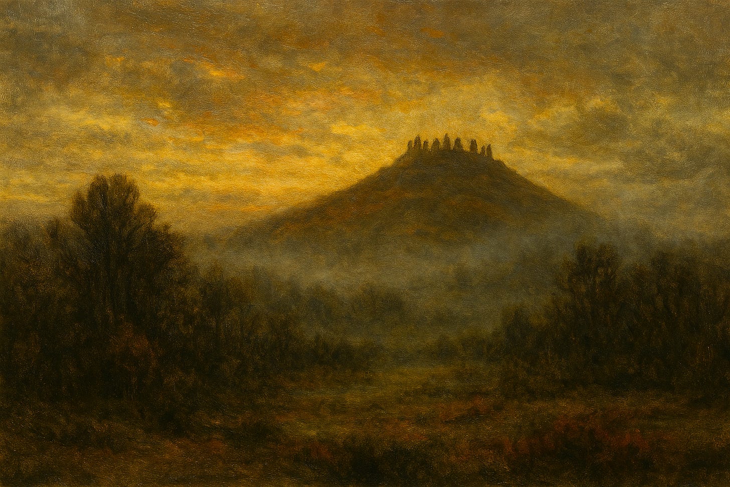 A dark fantasy landscape showing Yester Hill in the far distance. The hill looms beyond the vineyard of the Wizard of Wines Winery, shrouded in mist and framed by twisted trees and jagged rocks. The sky is overcast with swirling gray clouds, and faint lightning crackles in the distance. Atop the hill, the silhouette of a stone circle and a gnarled tree can be seen. Ravens wheel overhead, and the foreground features broken vineyard posts and creeping vines. No characters are present—only the landscape and atmosphere.