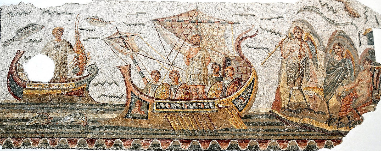 Long floor mosaic: a ship with Ulysses tied to the mast and his men behind round shields sails toward three winged sirens on a rocky shore, one playing a double pipe, while a fisherman in a small boat on the left holds up a lobster.