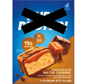 A package of protein bars with the manufacturer's name x'd out A package of protein bars with the manufacturer's name x'd out