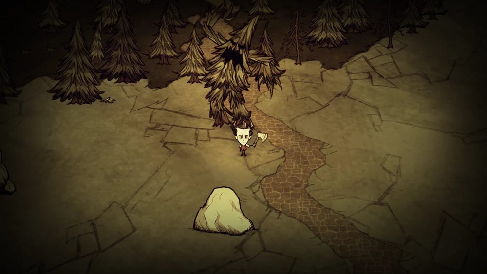A screenshot of Don't Starve with a man holding an axe being chased by a tree with arms, legs, and an angry spooky face. A screenshot of Don't Starve with a man holding an axe being chased by a tree with arms, legs, and an angry spooky face.