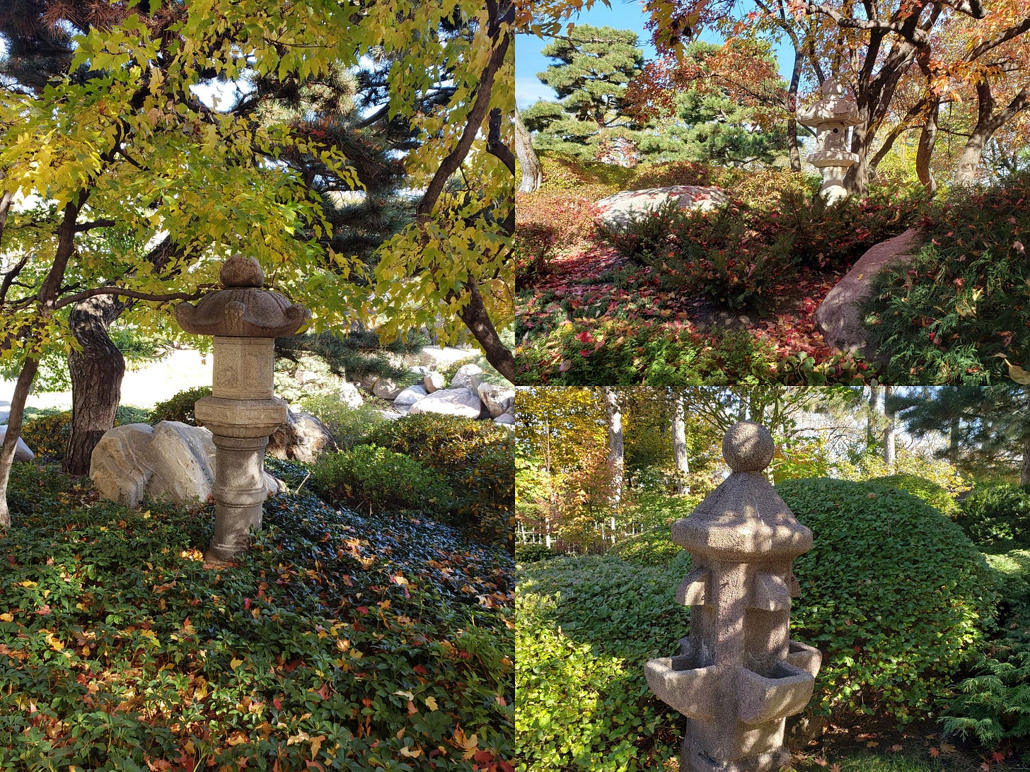 A three photo collage of three different stone garden lanterns in different areas of the garden. A three photo collage of three different stone garden lanterns in different areas of the garden.