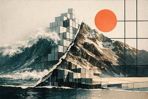 Collage inspired imagery of the material world colliding with nature