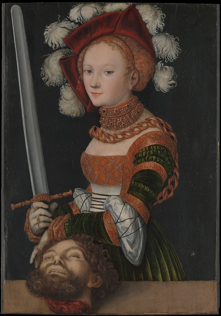 Judith with the Head of Holofernes, Lucas Cranach the Elder (German, Kronach 1472–1553 Weimar), Oil on linden Judith with the Head of Holofernes, Lucas Cranach the Elder (German, Kronach 1472–1553 Weimar), Oil on linden