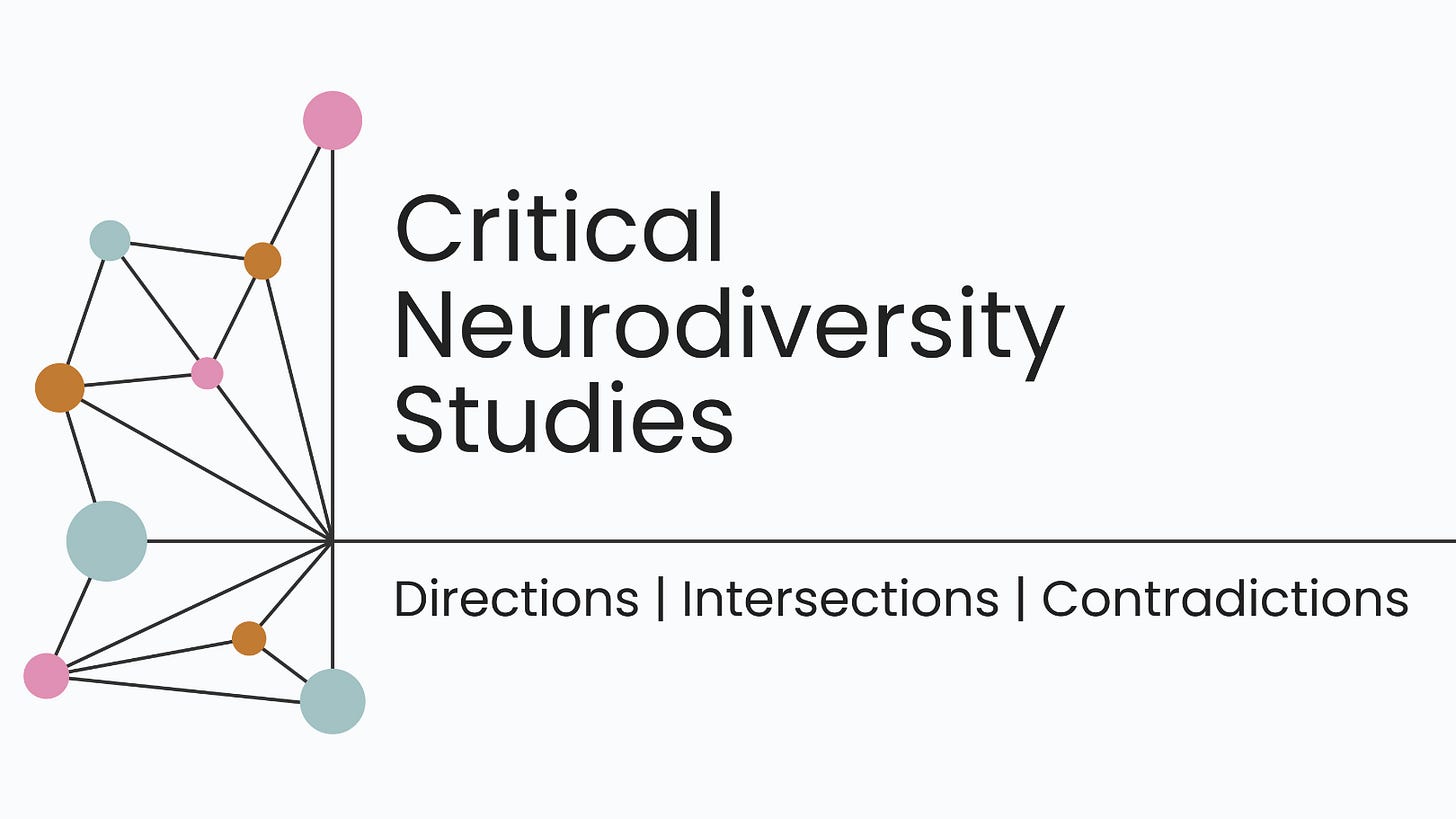 Logo della Critical Neurodiversity Studies Conference: una serie di pallini colorati di varie dimensioni uniti in una rete. Il sottotitolo è "Directions. Intersections. Contradictions."