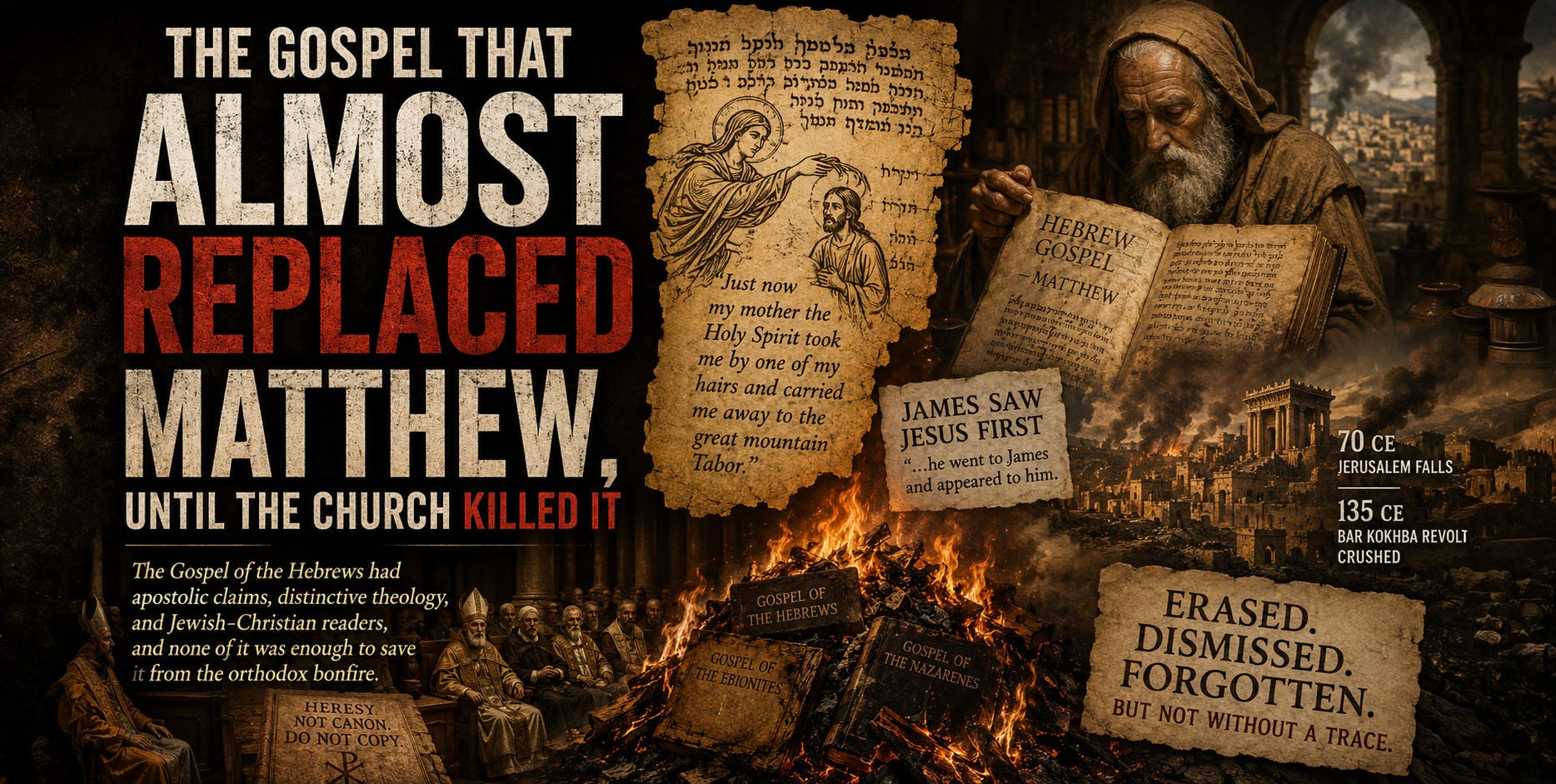 A dramatic collage-style featured image showing burning lost gospels in a fire before a council of ancient bishops, with bold text reading “The Gospel That Almost Replaced Matthew, Until the Church Killed It.” Fragments of Hebrew and Aramaic manuscripts float beside illustrations of Jesus, James, and the feminine Holy Spirit. An elderly scholar resembling Jerome studies a “Hebrew Gospel of Matthew” manuscript while Jerusalem burns in the background, symbolizing the erasure of Jewish Christianity. A dramatic collage-style featured image showing burning lost gospels in a fire before a council of ancient bishops, with bold text reading “The Gospel That Almost Replaced Matthew, Until the Church Killed It.” Fragments of Hebrew and Aramaic manuscripts float beside illustrations of Jesus, James, and the feminine Holy Spirit. An elderly scholar resembling Jerome studies a “Hebrew Gospel of Matthew” manuscript while Jerusalem burns in the background, symbolizing the erasure of Jewish Christianity.