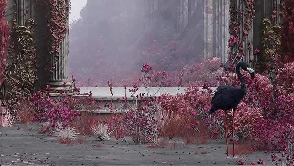 A grey field with fluted pillars on either side, surrounded by pale pink and magenta flowers. The pillar is leading to an open background with what appears to be more plant life, more grey and pink and a hint of sky. Beside the pillars are walls with gold filigree. And in the foreground stands a black flamingo. A grey field with fluted pillars on either side, surrounded by pale pink and magenta flowers. The pillar is leading to an open background with what appears to be more plant life, more grey and pink and a hint of sky. Beside the pillars are walls with gold filigree. And in the foreground stands a black flamingo.