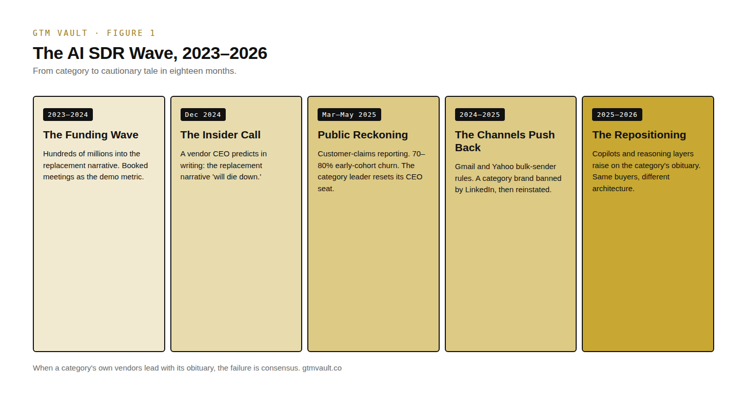 Timeline of the AI SDR category in five phases: the funding wave of 2023-2024, a vendor CEO's December 2024 prediction that the replacement narrative would die down, the public reckoning of spring 2025 with customer-claims reporting and 70-80 percent early-cohort churn, the channel pushback from Gmail bulk-sender rules and a LinkedIn ban, and the 2025-2026 repositioning into copilots and reasoning layers. Timeline of the AI SDR category in five phases: the funding wave of 2023-2024, a vendor CEO's December 2024 prediction that the replacement narrative would die down, the public reckoning of spring 2025 with customer-claims reporting and 70-80 percent early-cohort churn, the channel pushback from Gmail bulk-sender rules and a LinkedIn ban, and the 2025-2026 repositioning into copilots and reasoning layers.