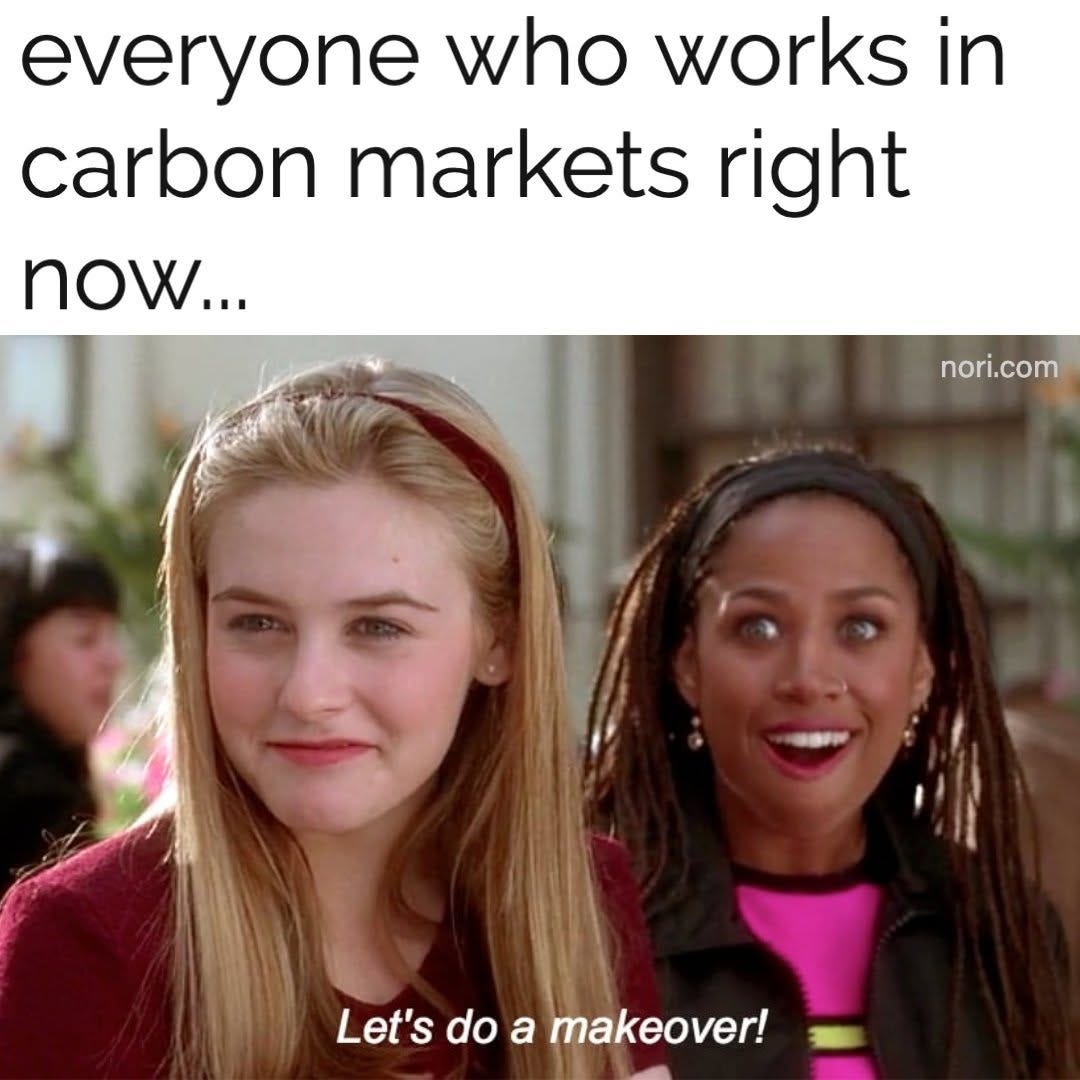 Two characters from Clueless grinning, under the text "everyone who works in carbon markets right now...". Subtitle: "Let's do a makeover!"