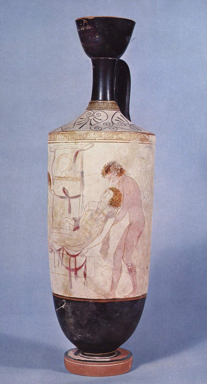 Hypnos and Thanatos carrying the body of Sarpedon from the battlefield of Troy. Detail from an Attic white-ground lekythos, ca. 440 BC. Hypnos and Thanatos carrying the body of Sarpedon from the battlefield of Troy. Detail from an Attic white-ground lekythos, ca. 440 BC.