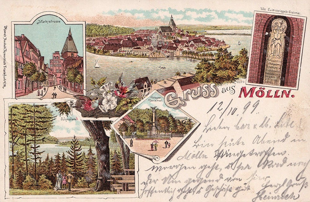 Postcard “Greetings from Mölln”, showing Eulenspiegel’s gravestone in the top right