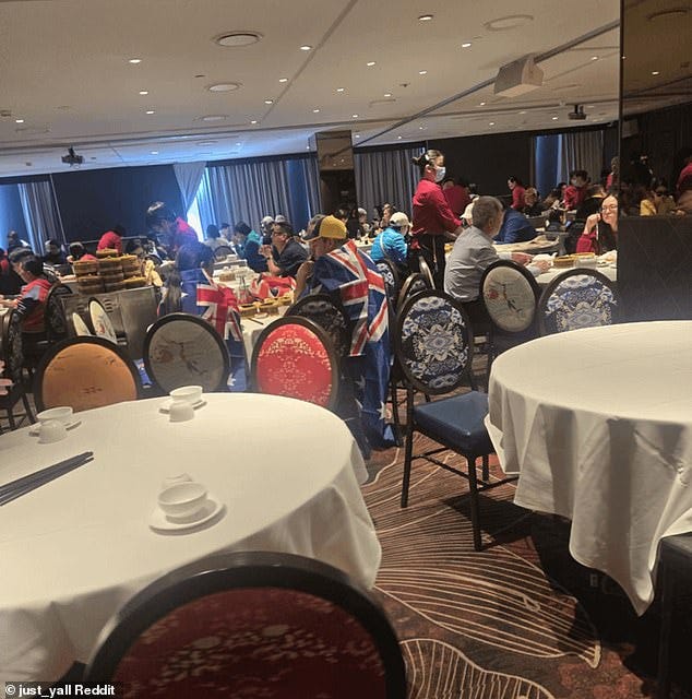 A photo has emerged on social media showing March for Australia protesters tucking into yum cha after the rallies