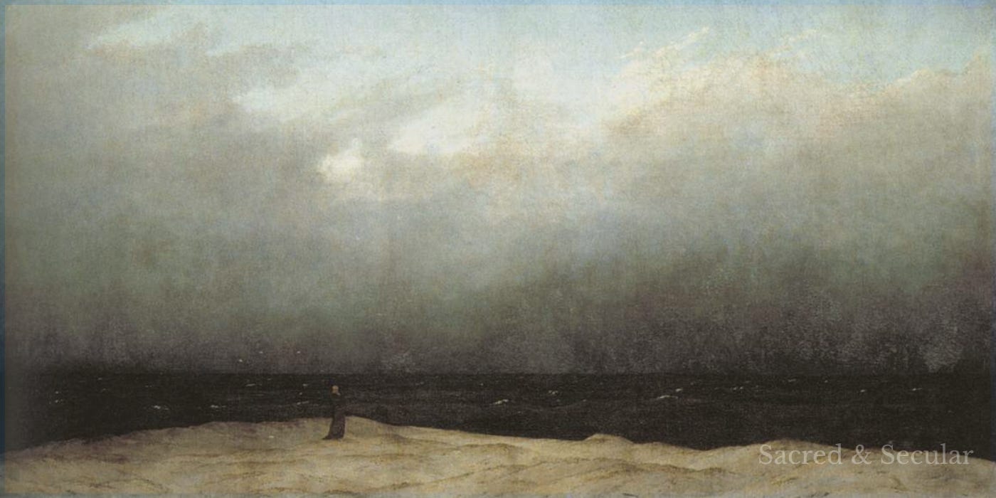 A lone man in a dark coat stands on a rocky outcrop with his back to the viewer, looking across a vast mountain landscape filled with swirling mist. Distant peaks rise through the fog, creating a sense of awe, mystery and contemplation.