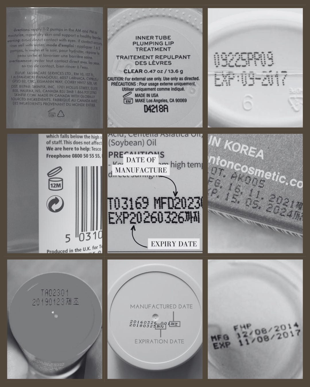 Grid of nine skincare packaging bases showing manufacturing dates, expiry dates, batch codes and period-after-opening symbols — several products dated 2014 to 2021.