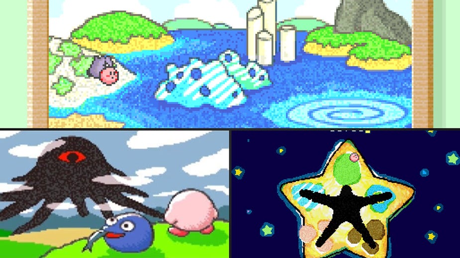 Colorful video game montage: a pink character on a beach, a large black creature with a red eye, and a starry scene with a star-shaped object.