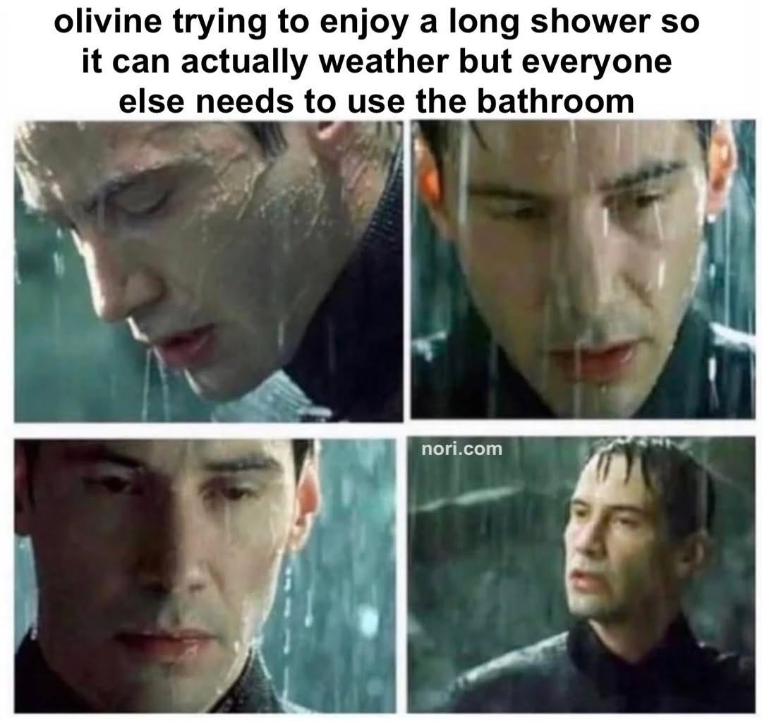 Text: "olivine trying to enjoy a long shower so it can actually weather but everyone else needs to use the bathroom." Below, four stills of Keanu Reeves standing in pouring rain.
