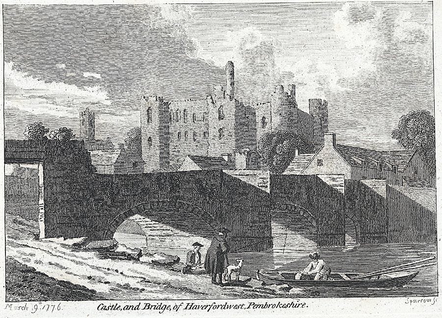 18th c drawing, Castle and bridge of Haverfordwest, Pembrokeshire, Published by Sparrow, March 9, 1776. Image in the public domain, from Wikimedia.org 18th c drawing, Castle and bridge of Haverfordwest, Pembrokeshire, Published by Sparrow, March 9, 1776. Image in the public domain, from Wikimedia.org