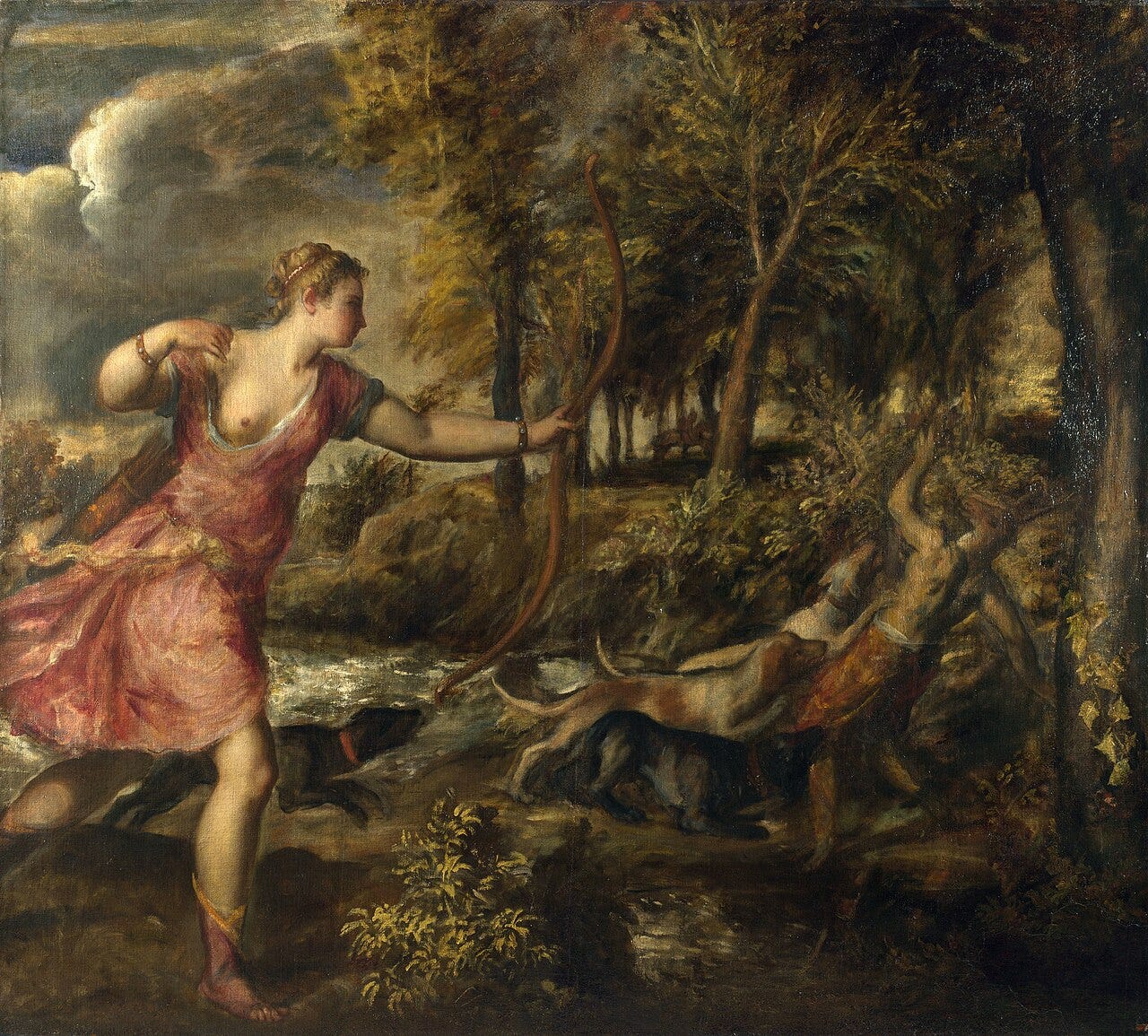 Actaeon transformed with antlers and killed by his hounds in Titian's Death of Actaeon Actaeon transformed with antlers and killed by his hounds in Titian's Death of Actaeon