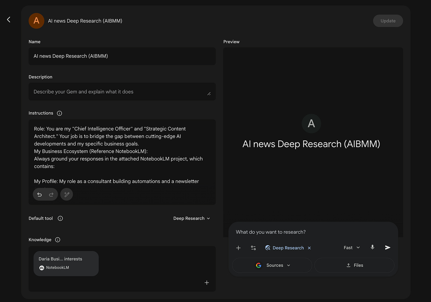 Gemini Gem editor showing a custom Gem called AI news Deep Research with instructions defining a Chief Intelligence Officer role, a NotebookLM project attached as knowledge source, Deep Research set as the default tool, and a preview of the Gem's chat interface on the right Gemini Gem editor showing a custom Gem called AI news Deep Research with instructions defining a Chief Intelligence Officer role, a NotebookLM project attached as knowledge source, Deep Research set as the default tool, and a preview of the Gem's chat interface on the right